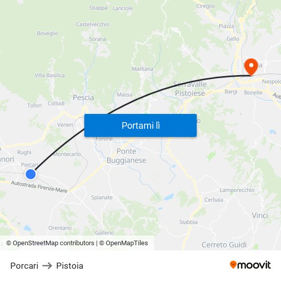 Porcari to Pistoia map