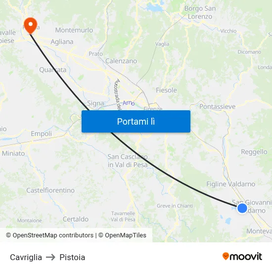 Cavriglia to Pistoia map