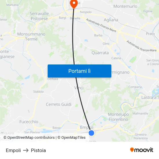 Empoli to Pistoia map