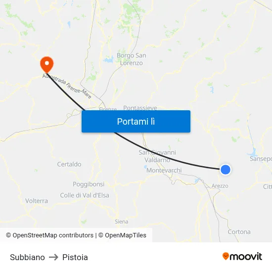 Subbiano to Pistoia map