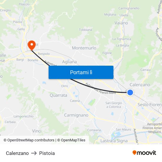 Calenzano to Pistoia map