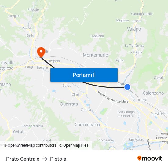 Prato Centrale to Pistoia map