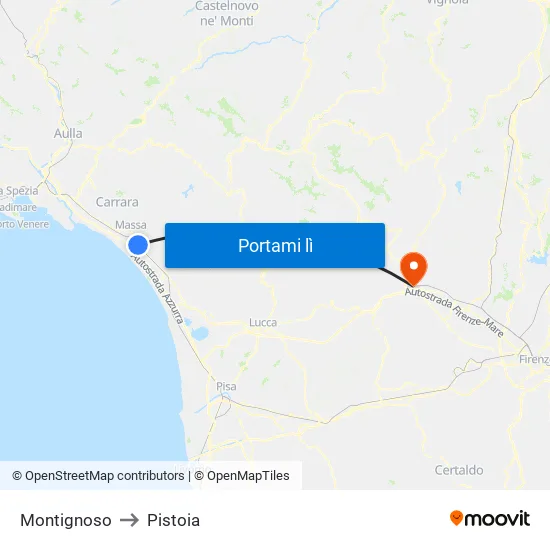 Montignoso to Pistoia map