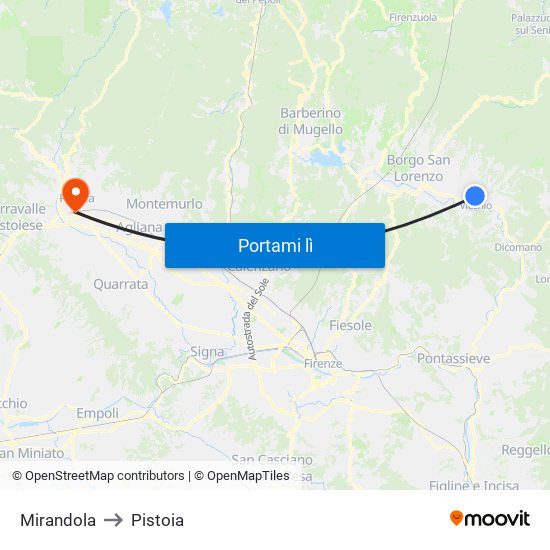 Mirandola to Pistoia map
