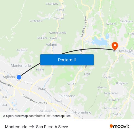 Montemurlo to San Piero A Sieve map