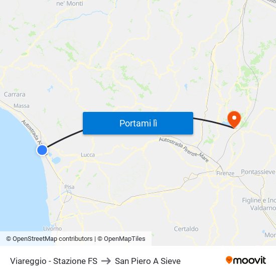 Viareggio Stazione FS to San Piero A Sieve map