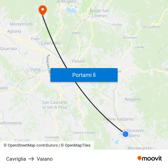 Cavriglia to Vaiano map