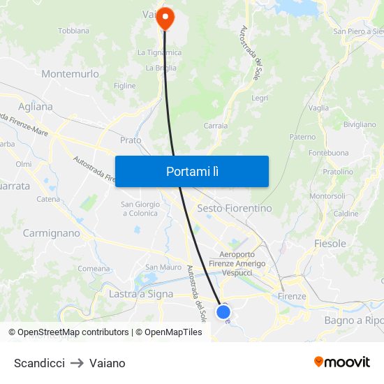 Scandicci to Vaiano map