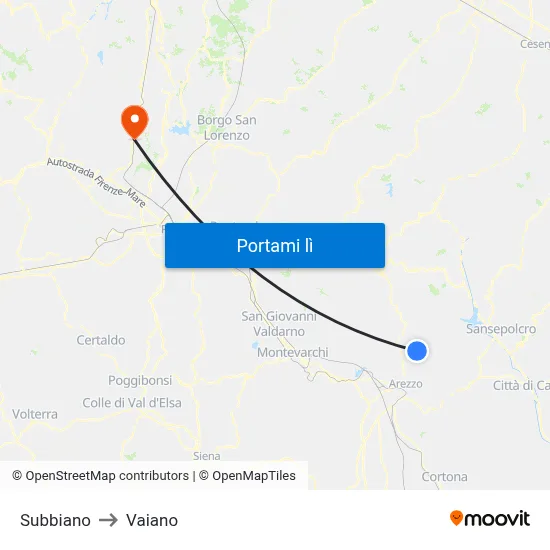 Subbiano to Vaiano map
