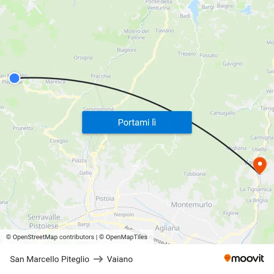 San Marcello Piteglio to Vaiano map