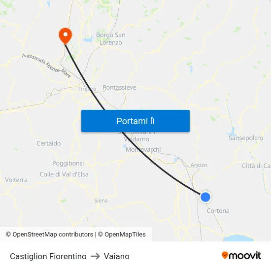Castiglion Fiorentino to Vaiano map