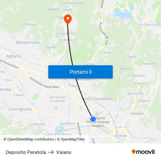 Deposito Peretola to Vaiano map