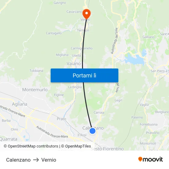 Calenzano to Vernio map
