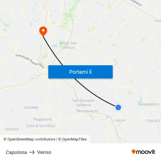 Capolona to Vernio map