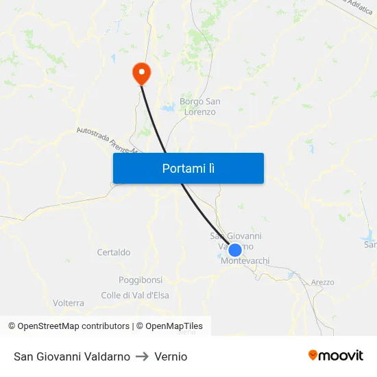 San Giovanni Valdarno to Vernio map