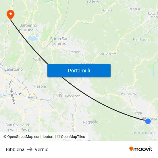 Bibbiena to Vernio map