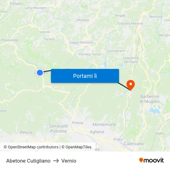 Abetone Cutigliano to Vernio map