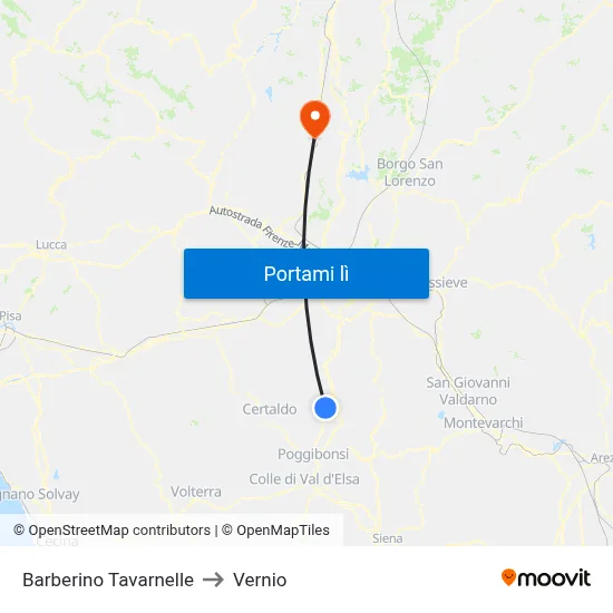 Barberino Tavarnelle to Vernio map