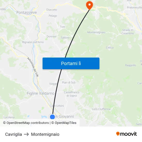 Cavriglia to Montemignaio map