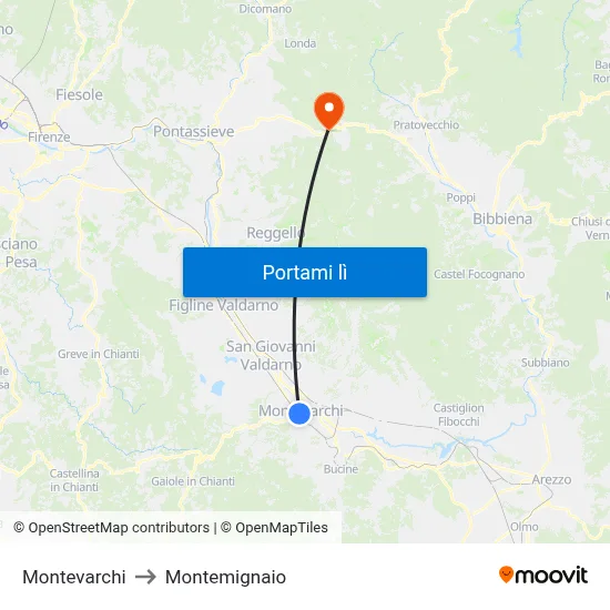 Montevarchi to Montemignaio map