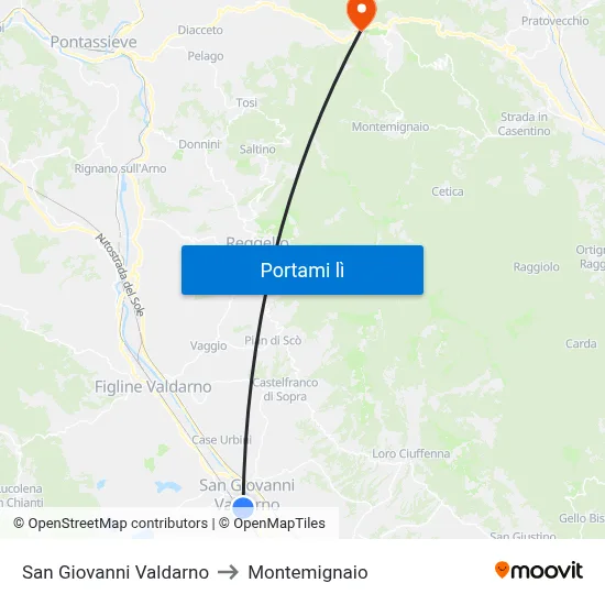 San Giovanni Valdarno to Montemignaio map