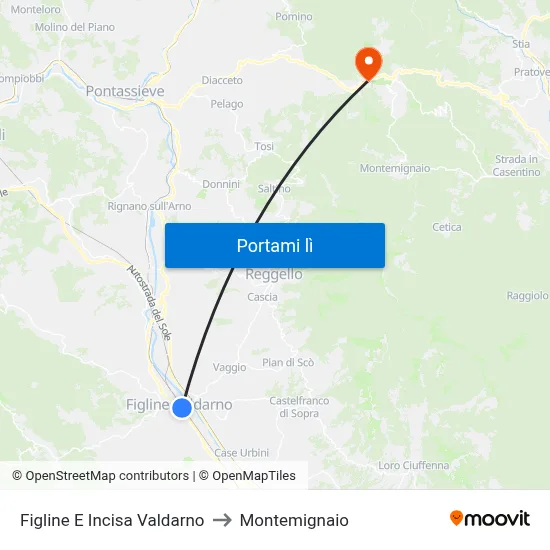 Figline E Incisa Valdarno to Montemignaio map