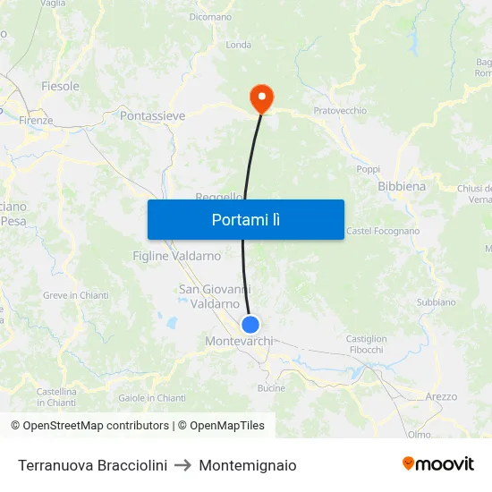 Terranuova Bracciolini to Montemignaio map