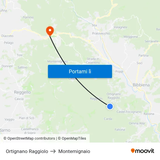 Ortignano Raggiolo to Montemignaio map