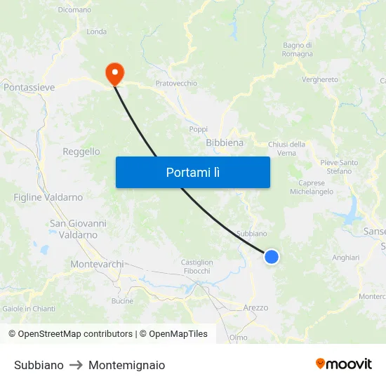 Subbiano to Montemignaio map