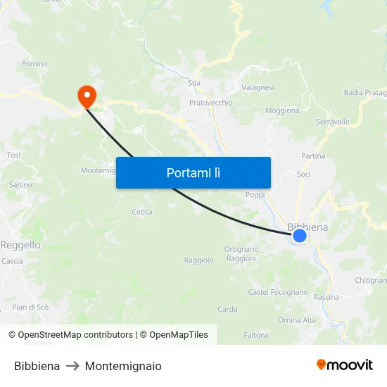 Bibbiena to Montemignaio map