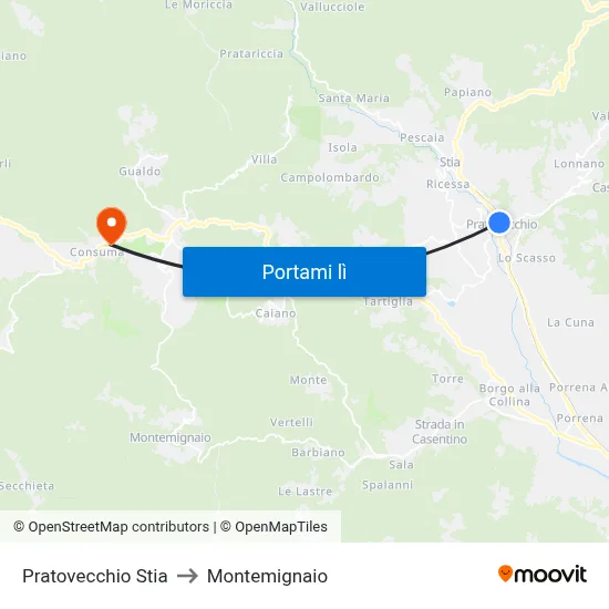 Pratovecchio Stia to Montemignaio map