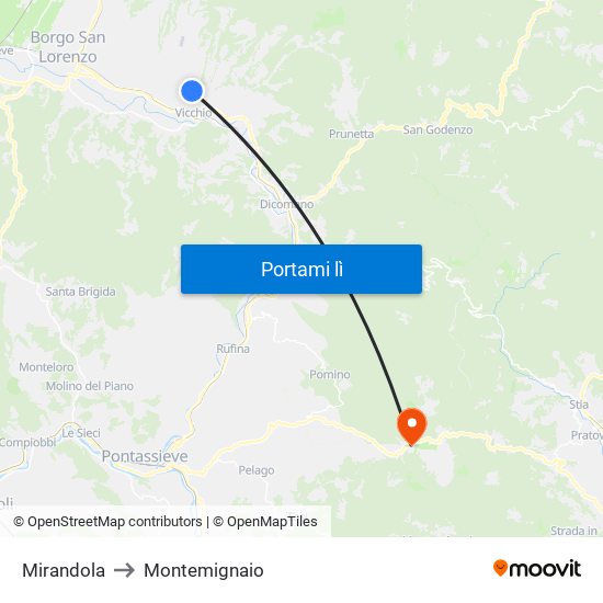 Mirandola to Montemignaio map