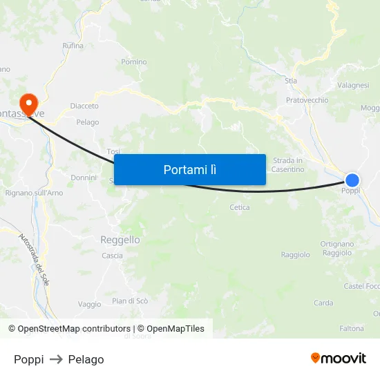 Poppi to Pelago map