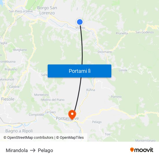 Mirandola to Pelago map