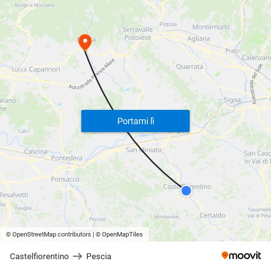 Castelfiorentino to Pescia map