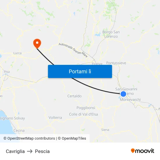 Cavriglia to Pescia map