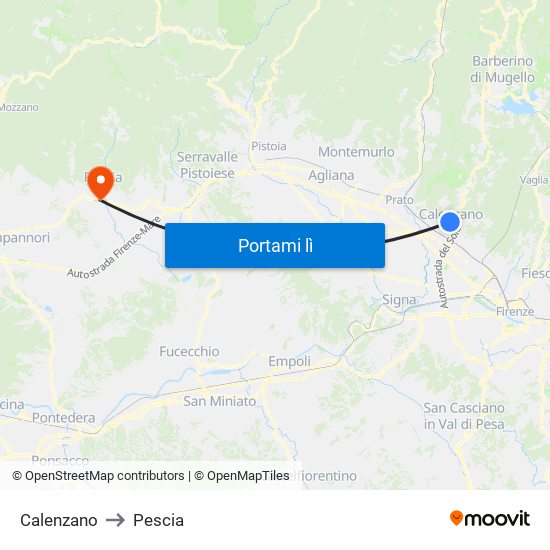 Calenzano to Pescia map