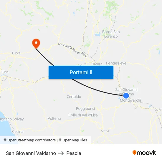 San Giovanni Valdarno to Pescia map