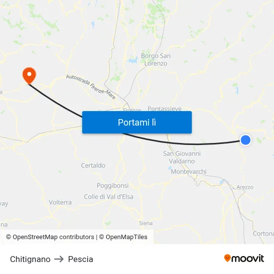 Chitignano to Pescia map