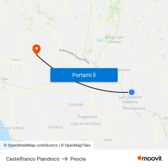 Castelfranco Piandiscò to Pescia map