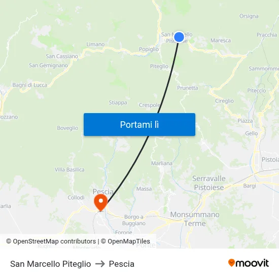 San Marcello Piteglio to Pescia map