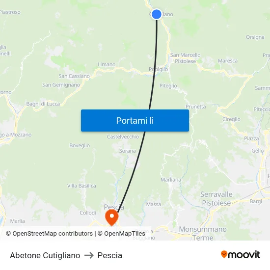 Abetone Cutigliano to Pescia map