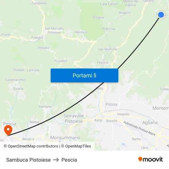 Sambuca Pistoiese to Pescia map