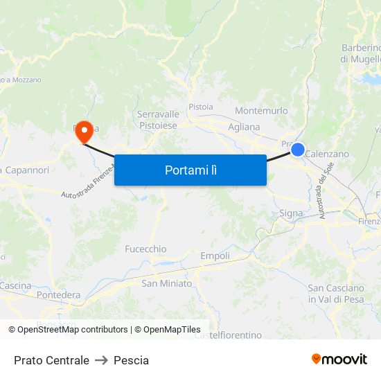 Prato Centrale to Pescia map