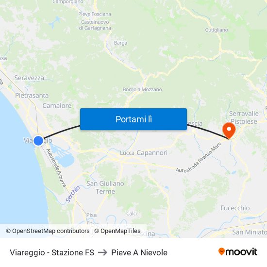 Viareggio Stazione FS to Pieve A Nievole map