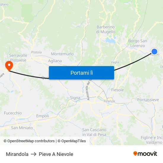 Mirandola to Pieve A Nievole map