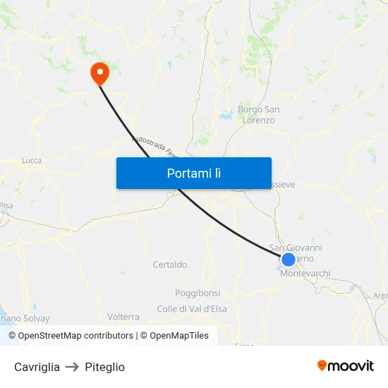Cavriglia to Piteglio map