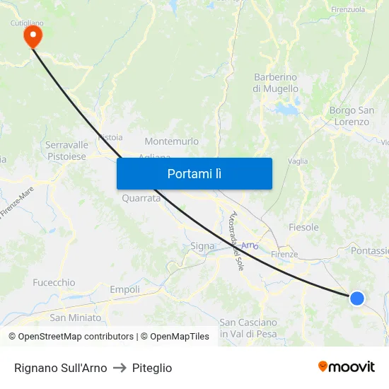 Rignano Sull'Arno to Piteglio map