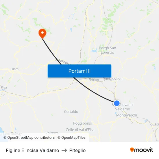 Figline E Incisa Valdarno to Piteglio map