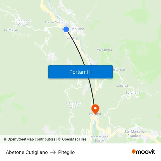 Abetone Cutigliano to Piteglio map